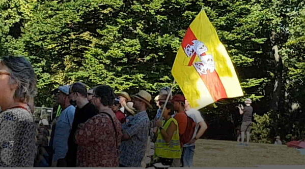 Eine Person hält eine gelb‑rot-gelbe Flagge mit weißen Löwen. Die Szene zeigt eine Gruppe von Menschen bei einer öffentlichen Versammlung im Freien.