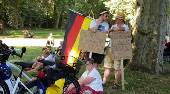 Picknick im Grünen, zwei junge Männer mit DE-Flagge und Plakaten