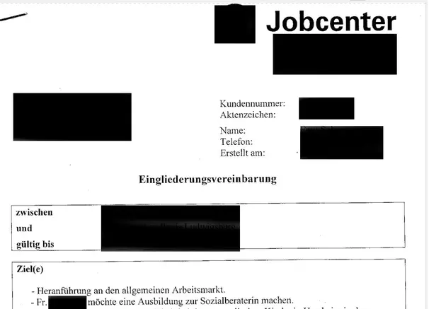 Muster einer Eingliederungsvereinbarung, wichtige Daten geschwärzt. Schwarz auf weiß ...