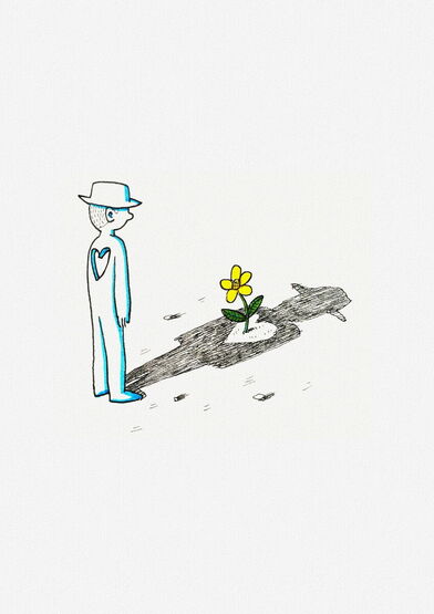 Ein weißer Mann mit einem Herz-Loch im Torso steht vor seinem schwarzen Schatten aus dem weißen Herz wächst eine Blume