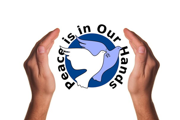 Blaue Kugel mit einer weißen und einer blauen Friedenstaube von zwei Händen gehalten. „Peace is in our hands"