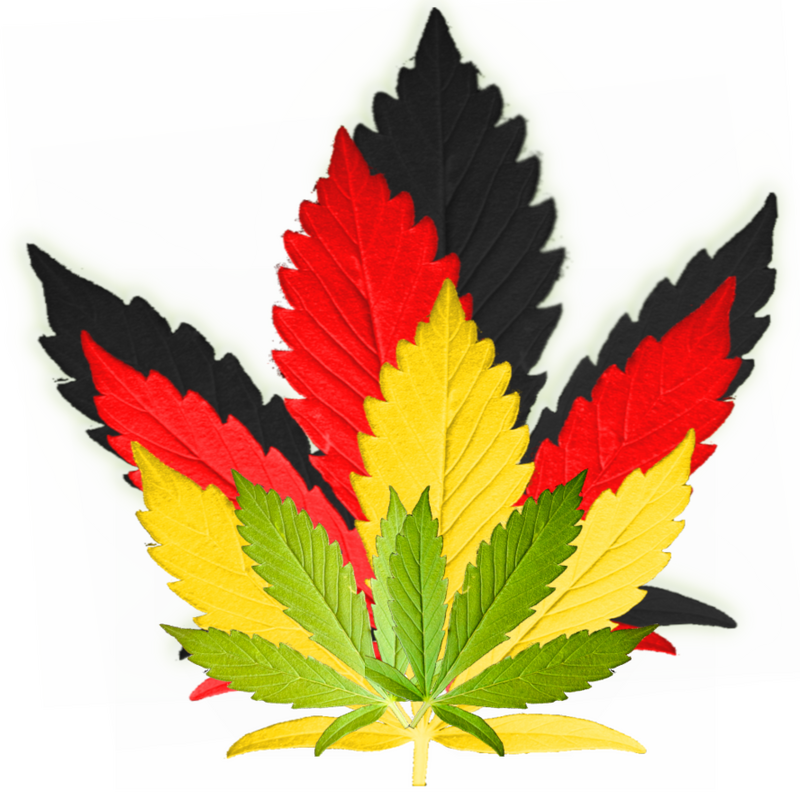 Vier Cannabisblätter übereinander. Schwarz, rot, gelb, grün